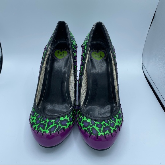 TUK T.U.K. Green & Purple Stitches Animal Print Heels Pin-up Sz 6 Halloween - Picture 2 of 11